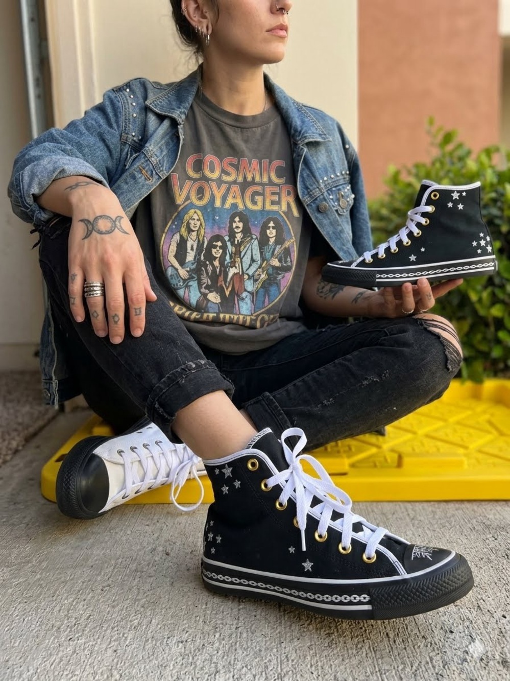 New Converse Black High-Top Sneakers with White Laces & Star Detail